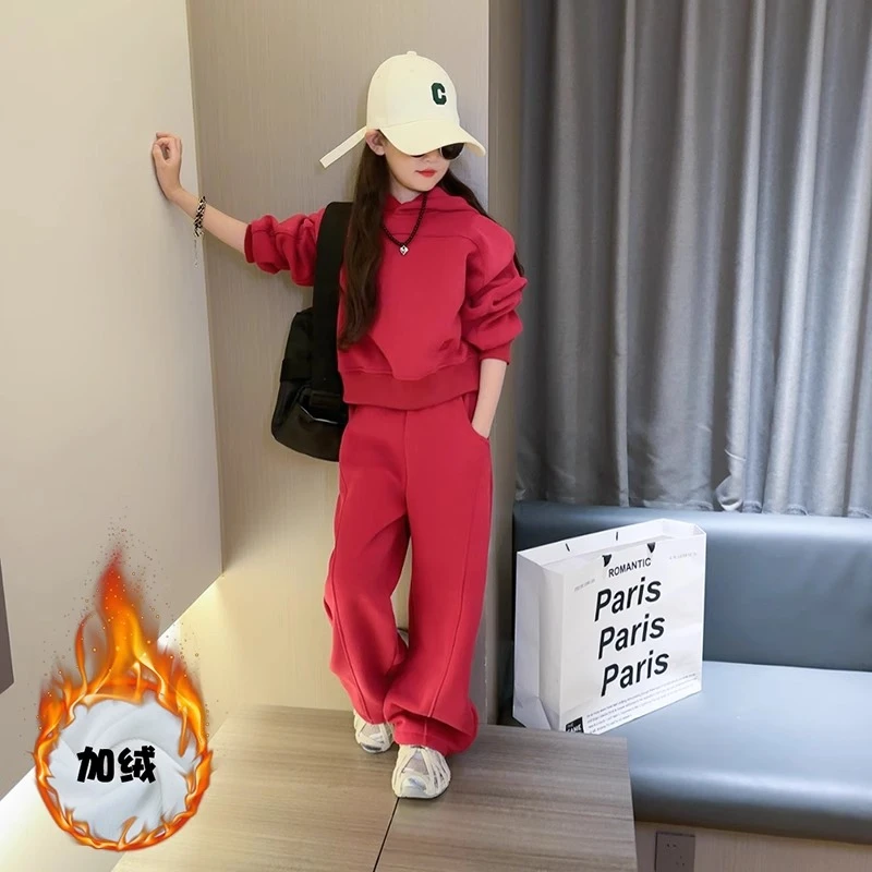 韩版女童加绒加厚连帽卫衣套装洋气2025新款冬儿童时尚休闲两件套