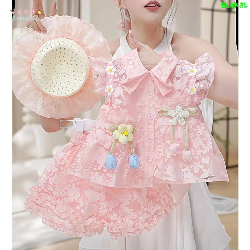 女童飞袖短裤套装2025夏季花边衬衫木耳边裙裤露背蝴蝶结小香风
