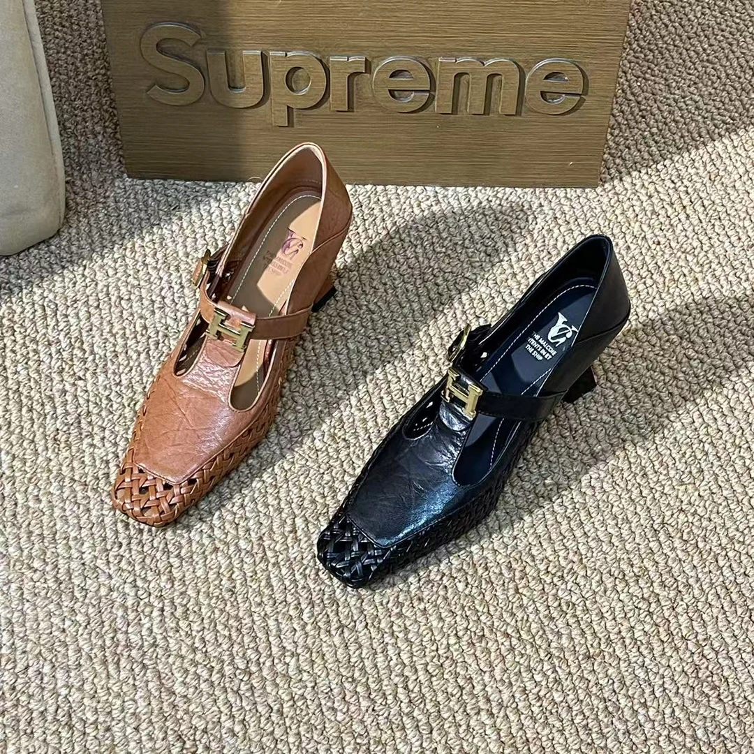 1327【惜灵】春夏季新款方头真皮镂空编织气质浅口高跟凉鞋B【6CM】