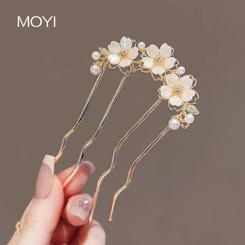 奢华法式黑色水钻花朵波浪发梳精致日常盘发神器U型气质发钗簪子