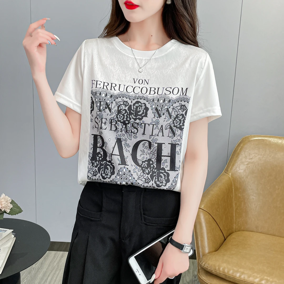 凉感缎面短袖~女士夏季圆领时尚设计感显瘦印花薄款T恤A882