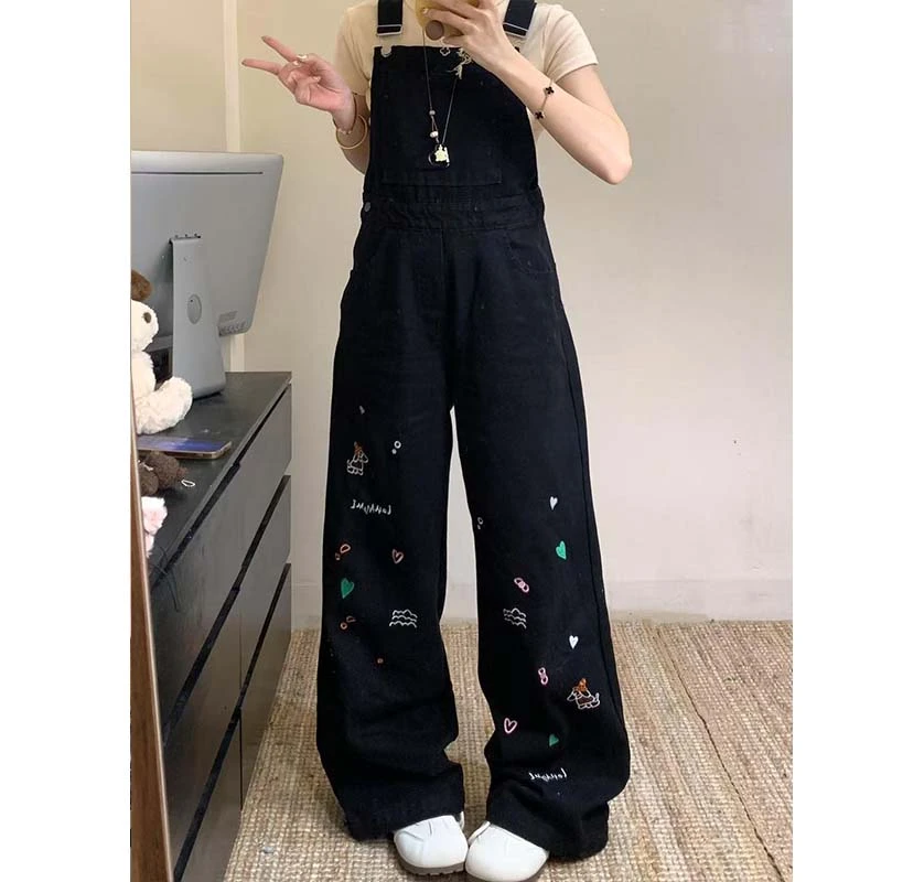 休闲图案刺绣牛仔背带裤女2025新款韩版宽松显瘦百搭直筒阔腿长裤