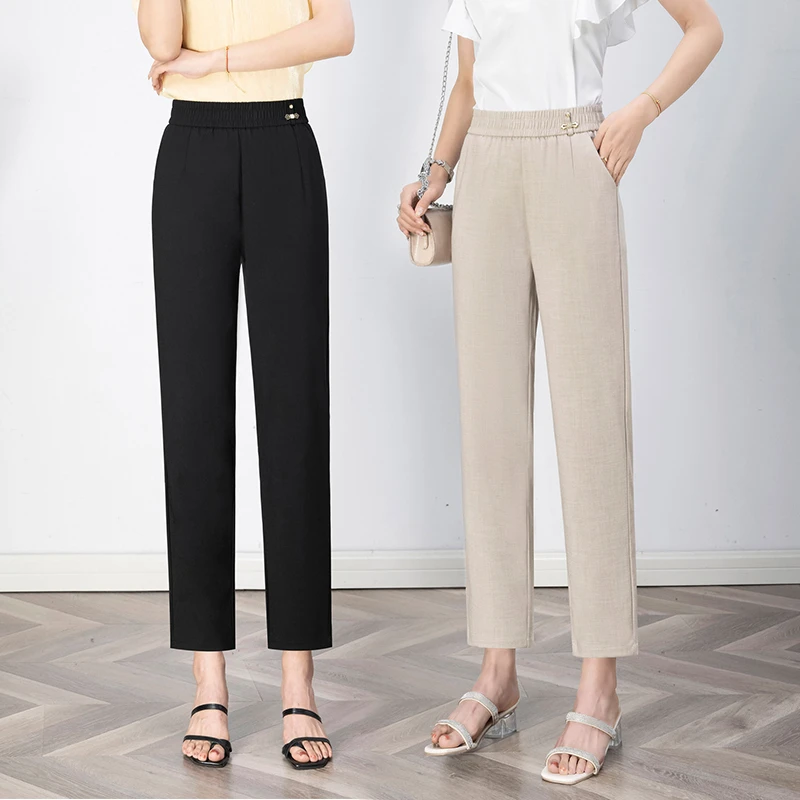 妈妈装春夏季裤子女式九分时尚女装直筒裤高腰百搭女裤松紧腰裤子