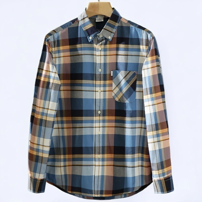 春秋款男士纯棉长袖衬衫翻领时尚休闲百搭宽松大码经典格子衬衣男