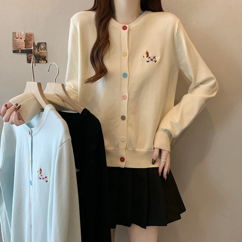 2025春装新款胖mm大码时尚百搭软糯开衫狗狗刺绣针织长袖上衣毛衣