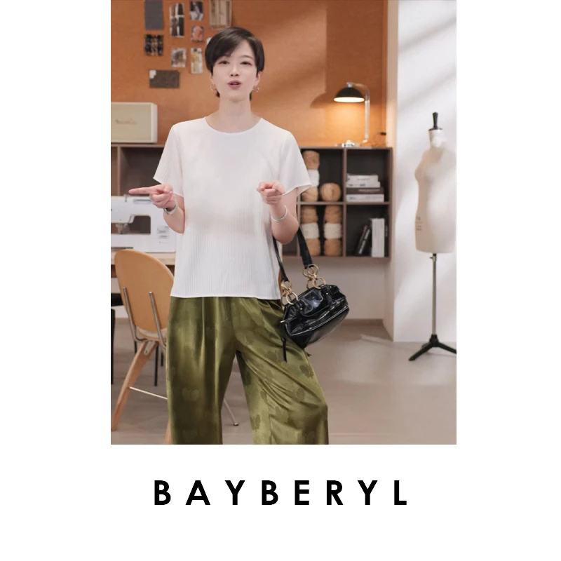 BAYBERYL老贝竖纹褶皱通勤简约黑白真S秋圆领短袖NCY5E1916