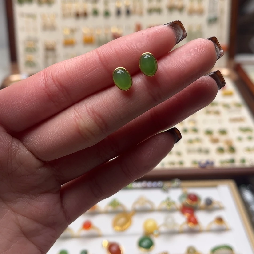 和田玉银S925镀金镶嵌耳坠