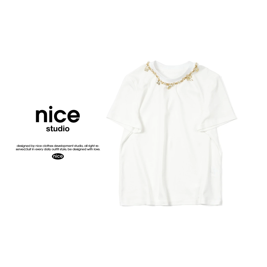 奈斯专属【圆领链条织带T恤】AA5ZA0287夏季新款设计师时尚宽松短袖