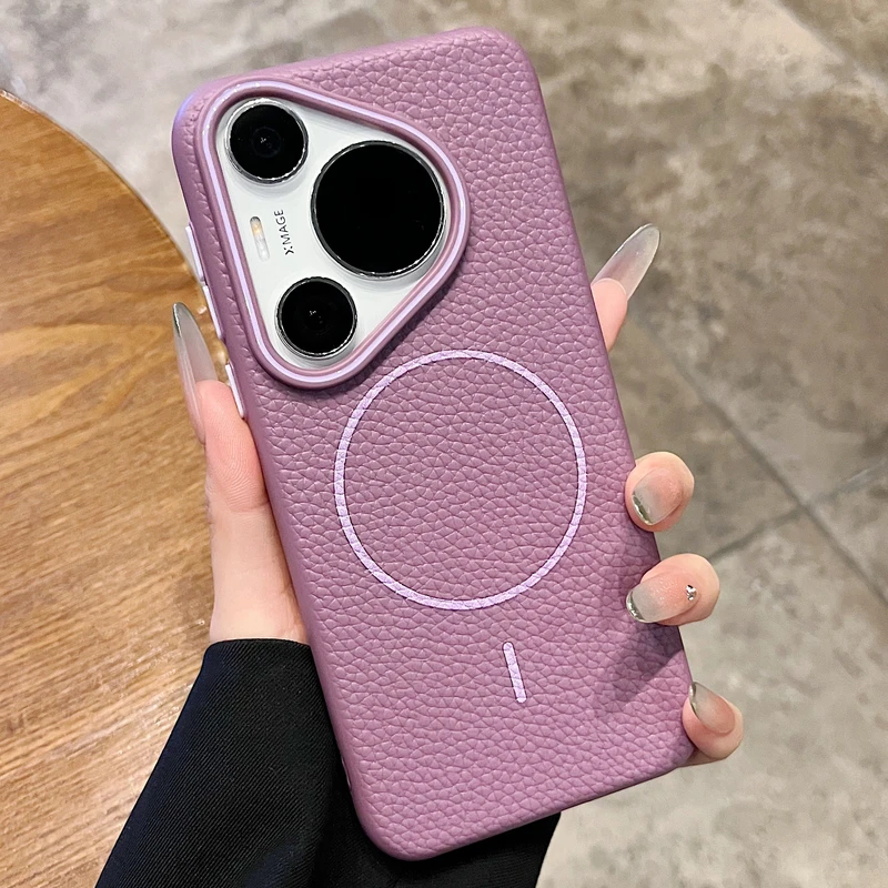 适用华为pura70pro+手机壳mate70pro+荔枝纹皮质磁吸mate60pro