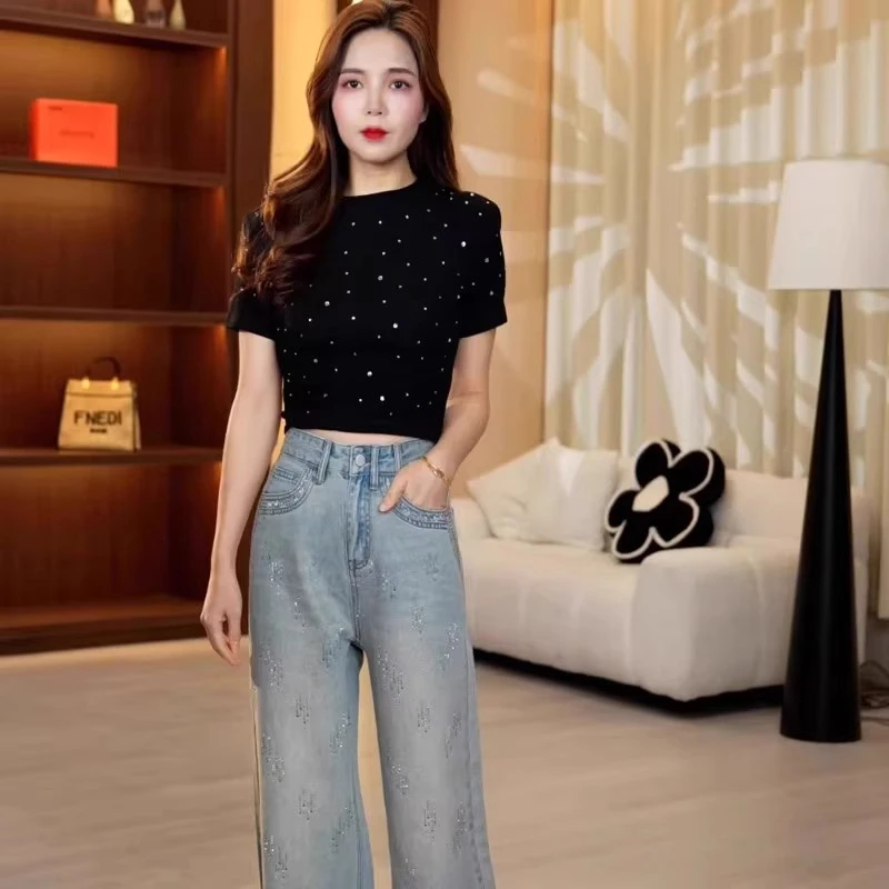 重工烫钻高腰牛仔裤女长裤2025年新款显瘦百搭宽松直筒阔腿裤