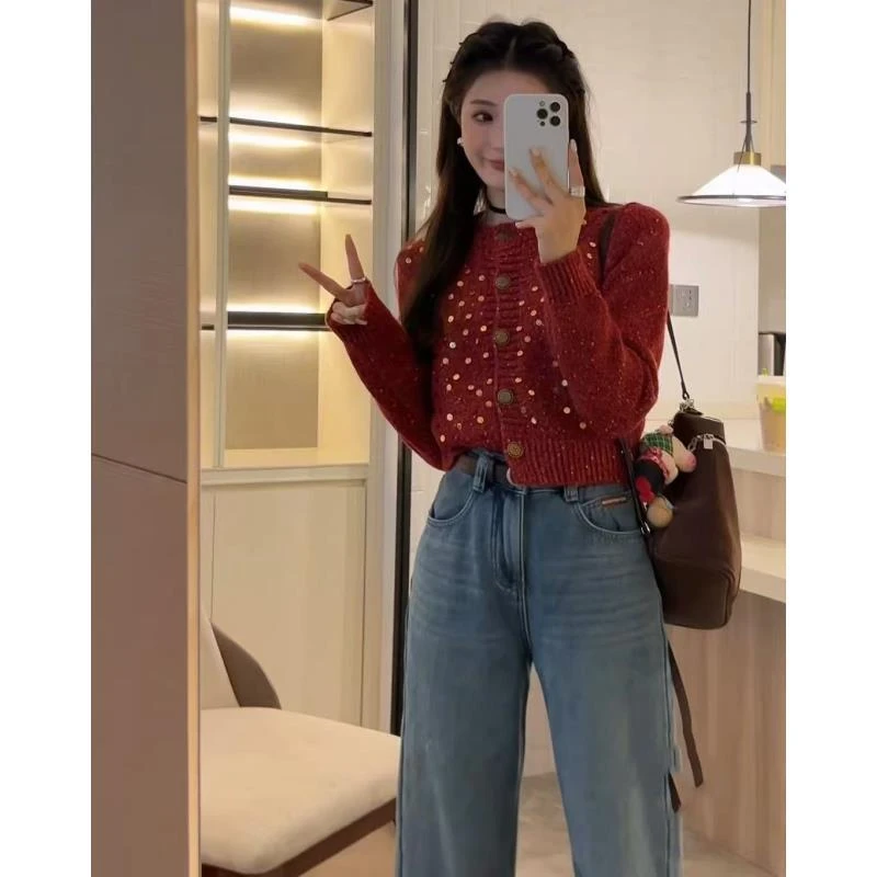 红色毛衣小香风女夏季气质名媛亮片V领设计感超好看针织衫上衣