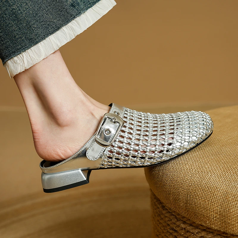 牛皮2.5公分/时尚复古镂空低跟包头拖鞋女夏季舒适休闲懒人凉拖鞋