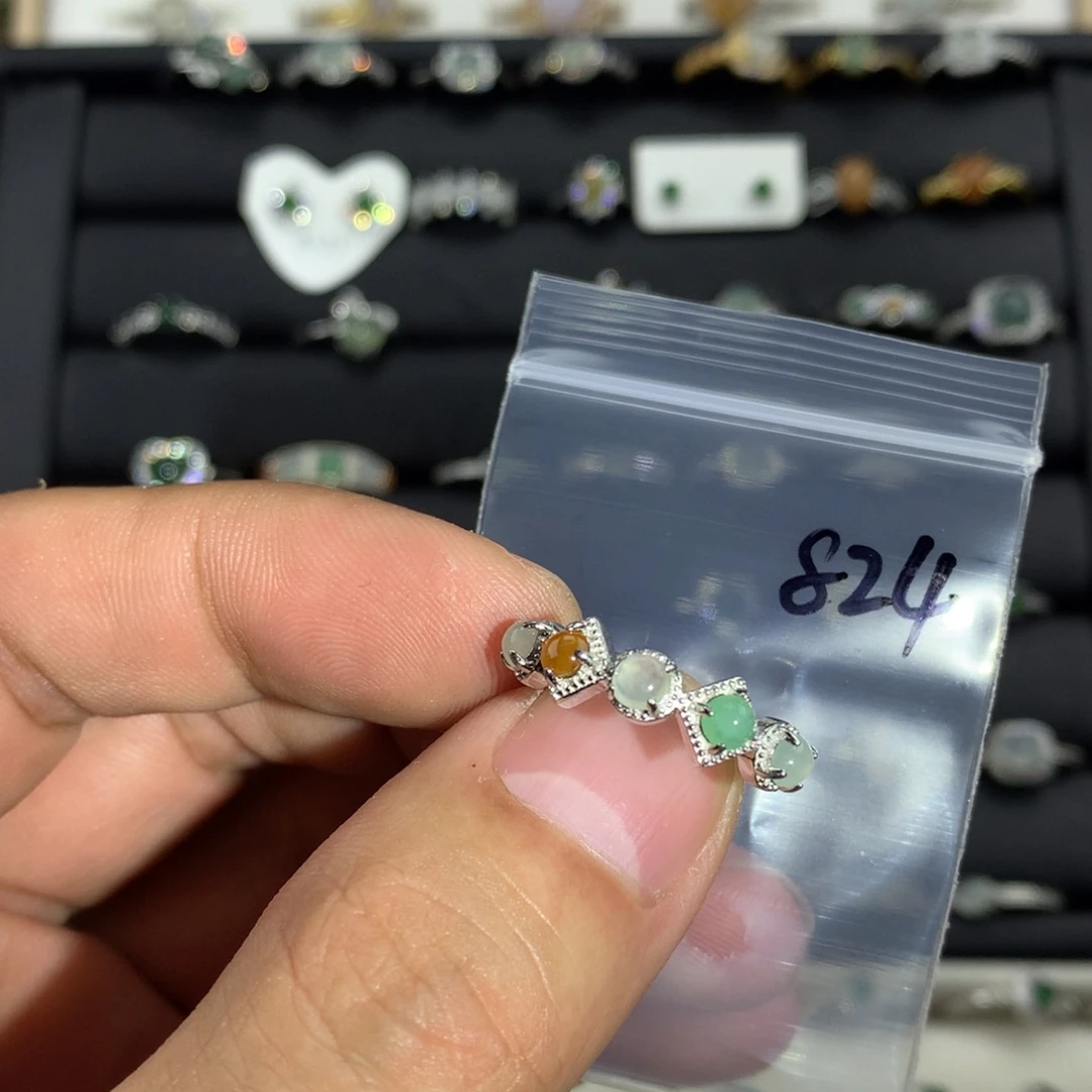 翡翠银S925镀金镶嵌戒指824