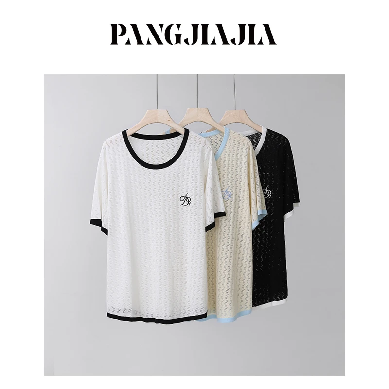 【胖佳佳】韩味少女 短袖针织衫女甜美减龄撞色绣花上衣H624Z06812