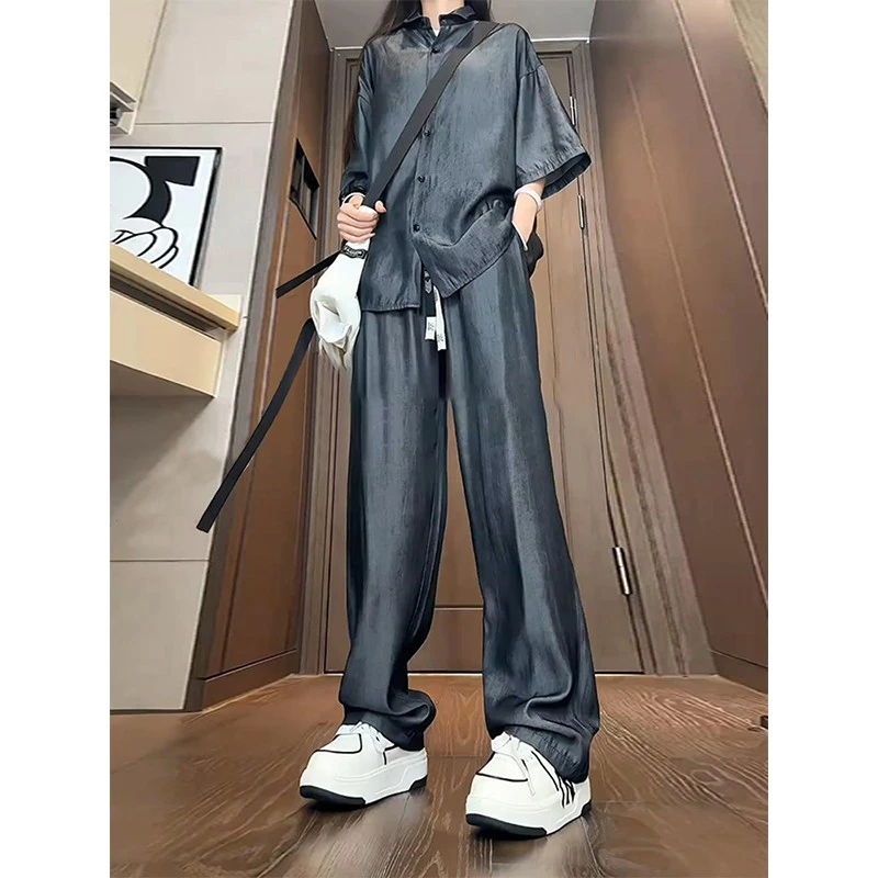 酸醋缎面冰丝套装男夏季衬衫短袖裤子高级感慵懒风松弛感穿搭一套