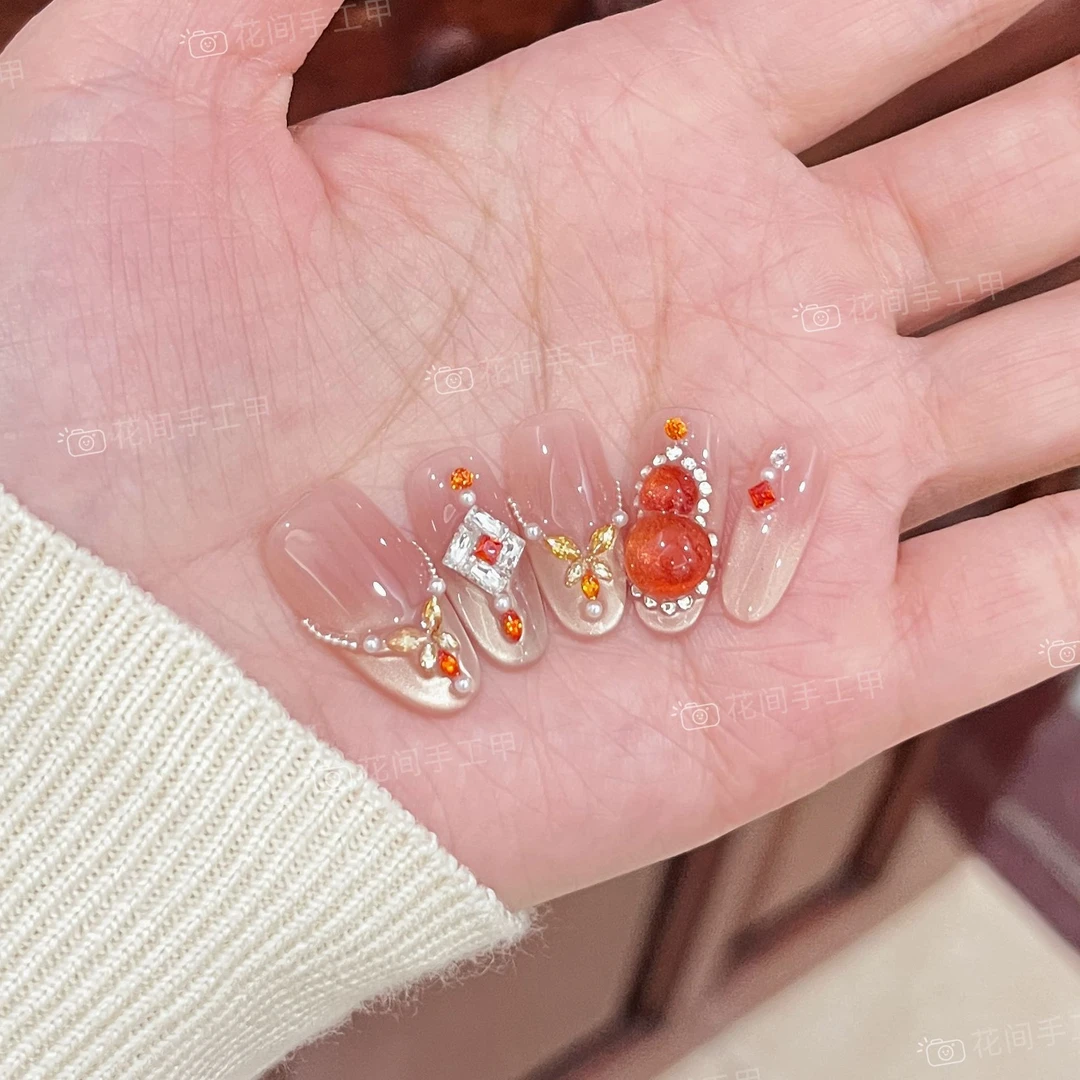 【福禄到家】花间 猫眼葫芦锆石新年美甲显白手工穿戴甲10片