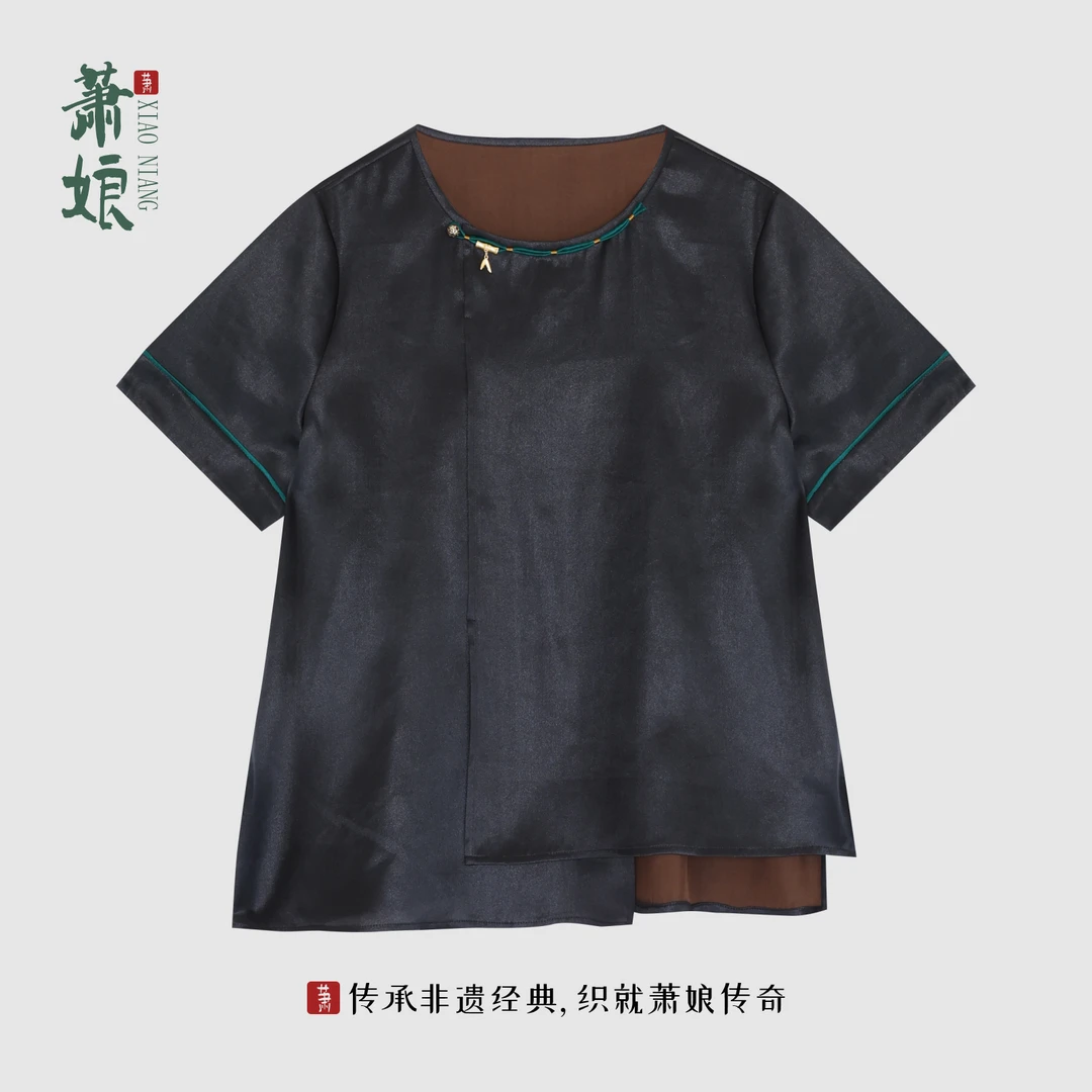 萧娘【栖云】素绉缎香云纱圆领短袖桑蚕丝上衣新中式国风女上衣5138