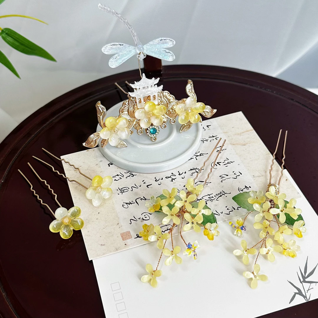 古风中秋桂花五件套装发饰唐风可爱月宫桂汉服配饰富贵百搭簪钗冠