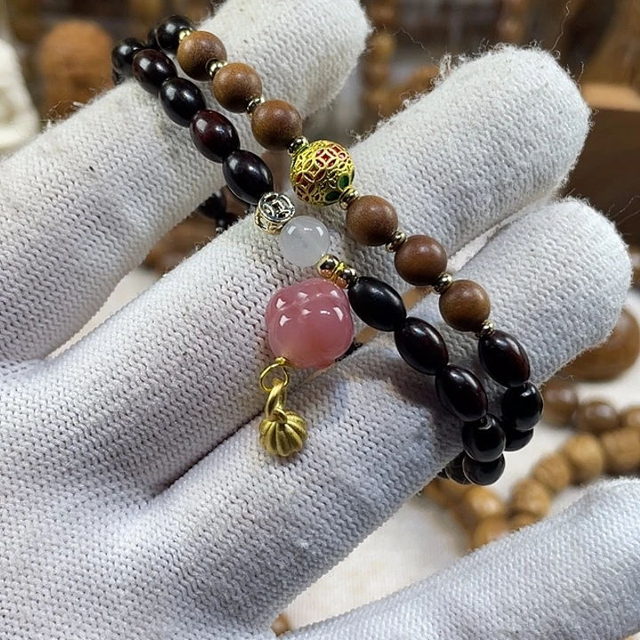 手串/手链檀香紫檀（小叶紫檀）小叶紫檀橄榄珠配南红女生双圈