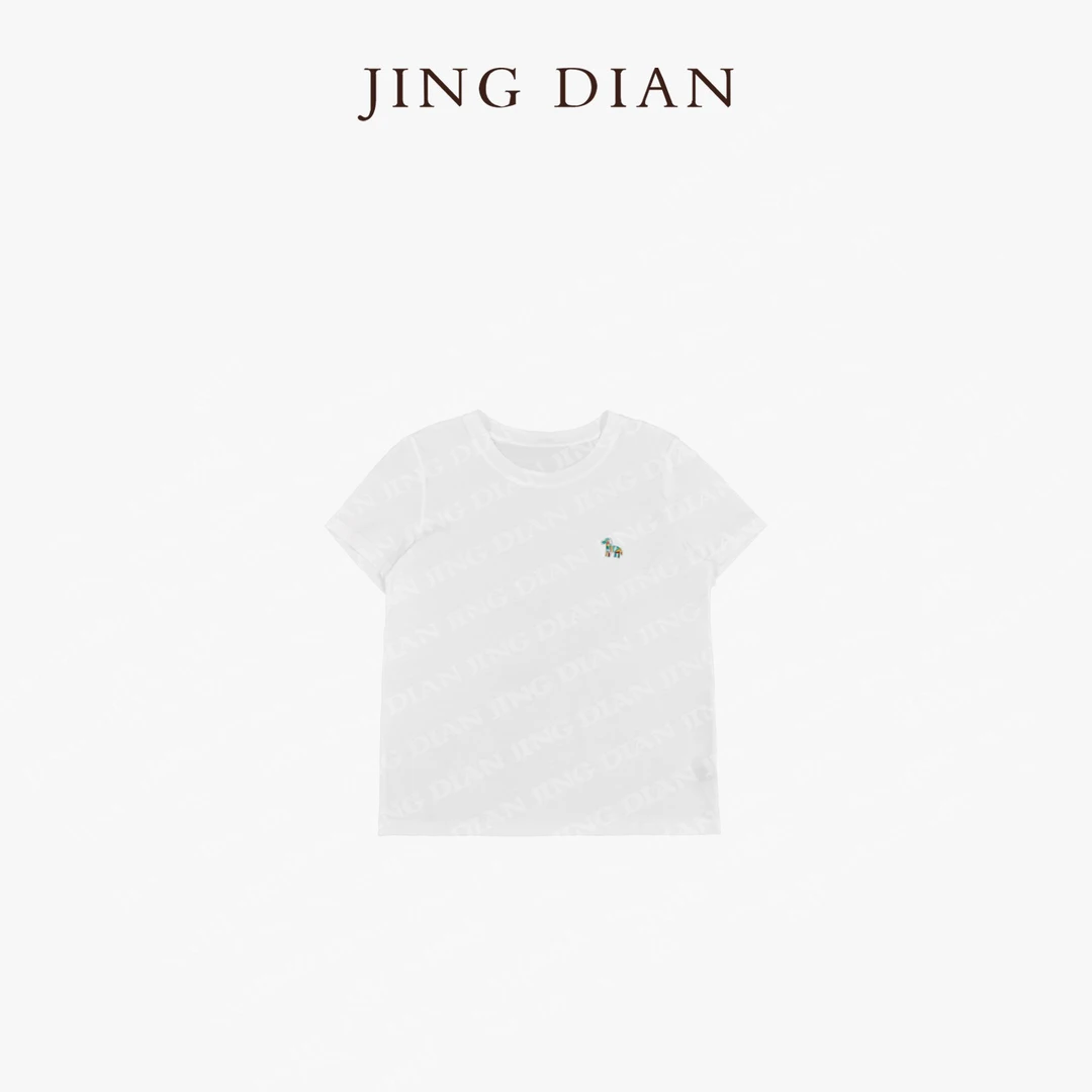 【JING DIAN】韩国进口面料小马彩线刺绣T恤 短袖秋季打底百搭T
