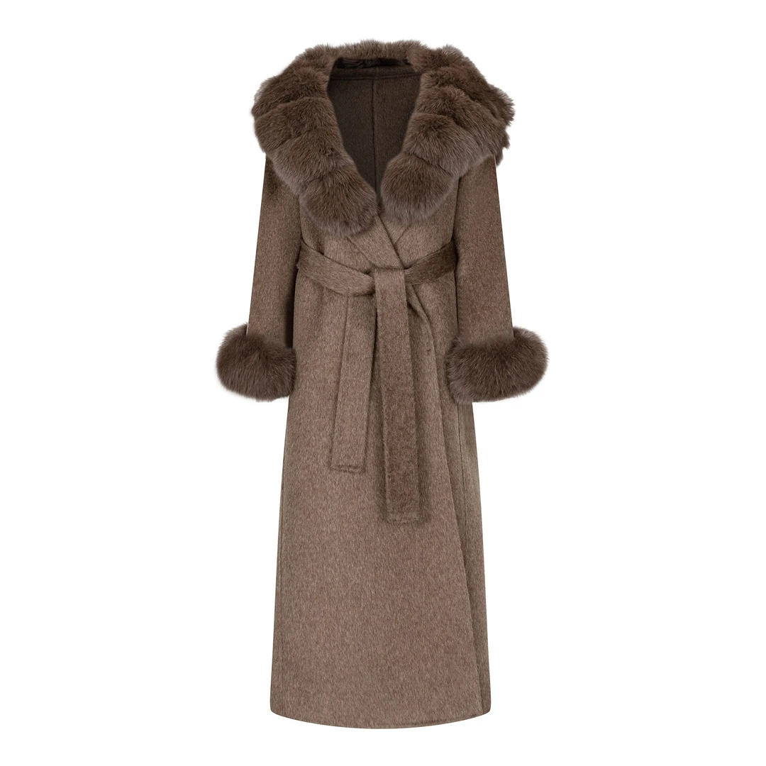 妍小爷2025秋冬网红新款狐狸毛大衣双面呢羊绒外套长款呢子风衣