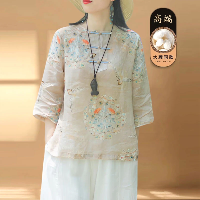 2025春夏新款中国风苎麻复古女上衣民族风印花盘扣亚麻七分袖衬衫