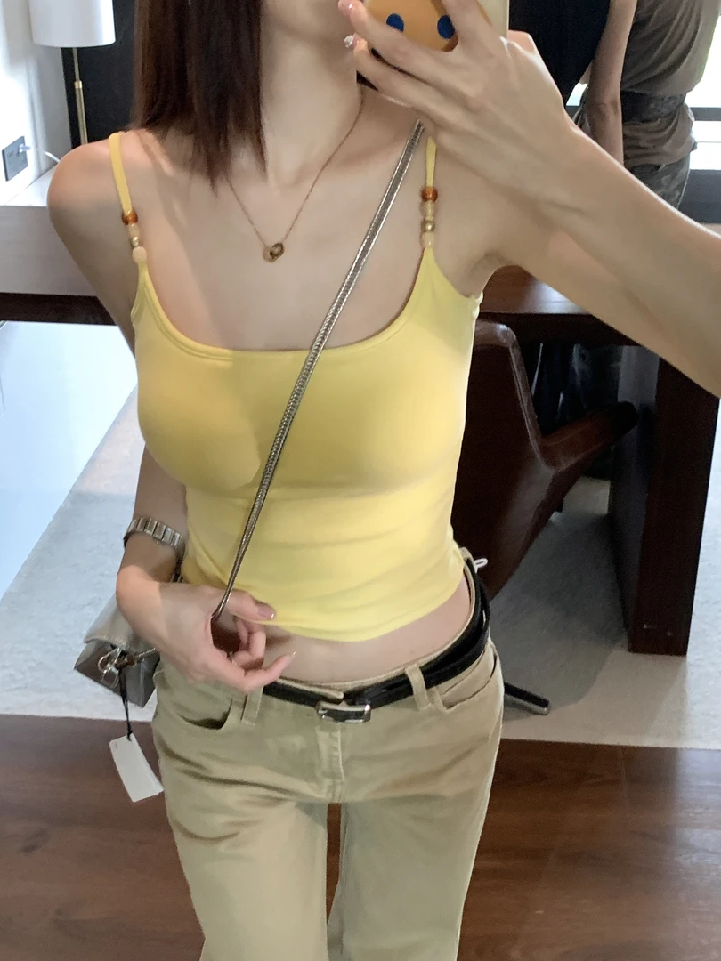 辣妹固定杯带胸垫串珠吊带背心女夏季纯欲百搭露背扭结气质上衣