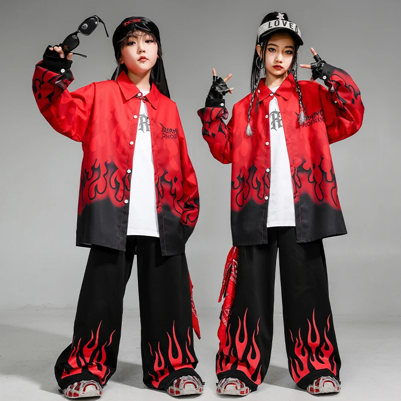 街舞儿童演出服男女童酷帅火焰衬衫套装少儿嘻哈hiphop架子鼓服装