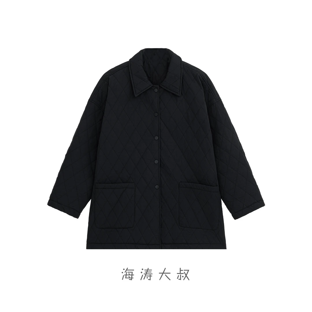 【海涛大叔】菱格绗缝翻领中长款棉服 LBW73749