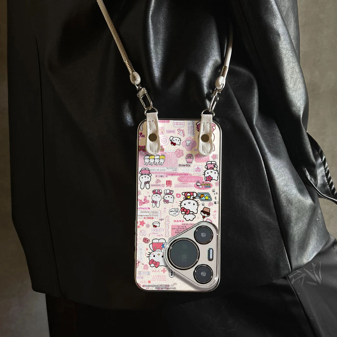 粉框KT猫适用华为pura80手机壳mate70新款60小羊皮50防摔支架开学