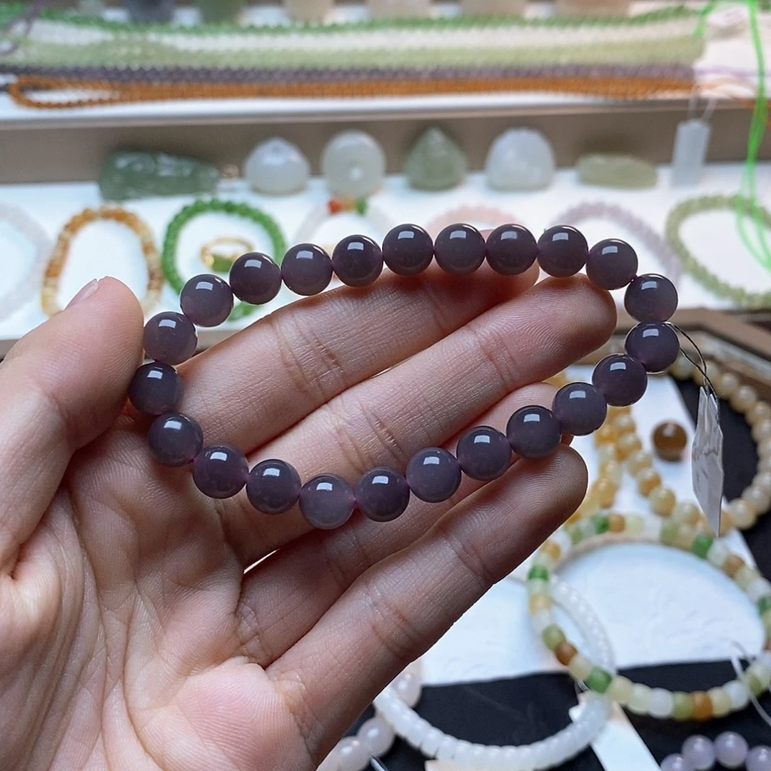 和田玉手串未镶嵌浓紫卡八