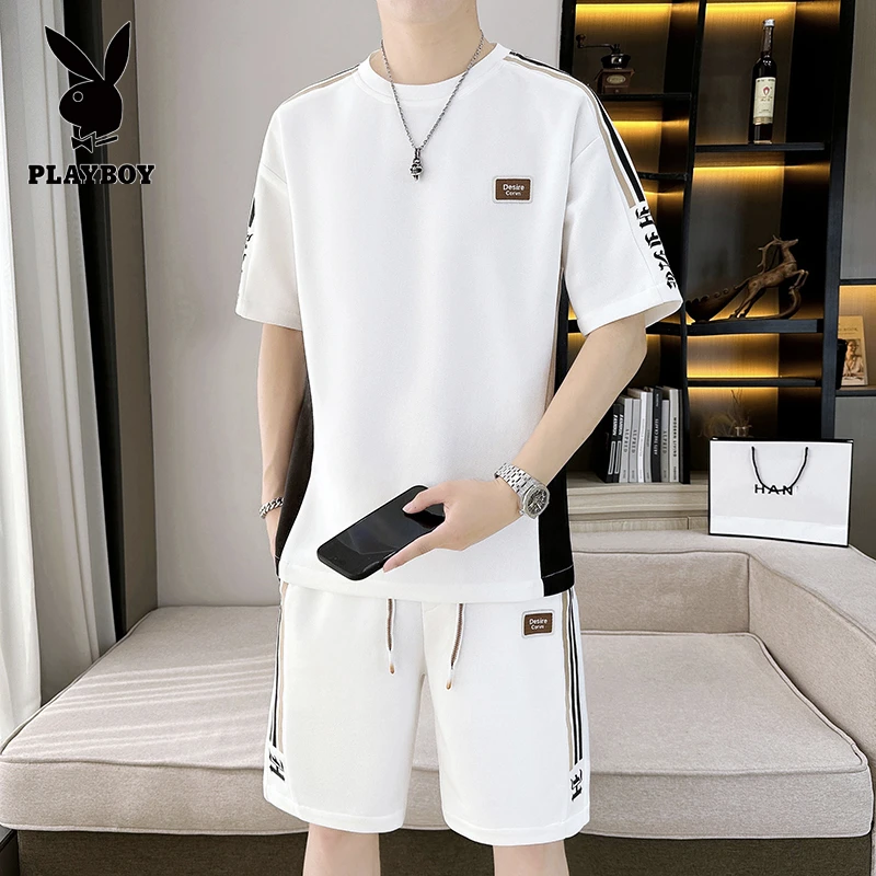 花花公子男士夏季高档时尚休闲潮流透气圆领韩版百搭帅气冰丝套装