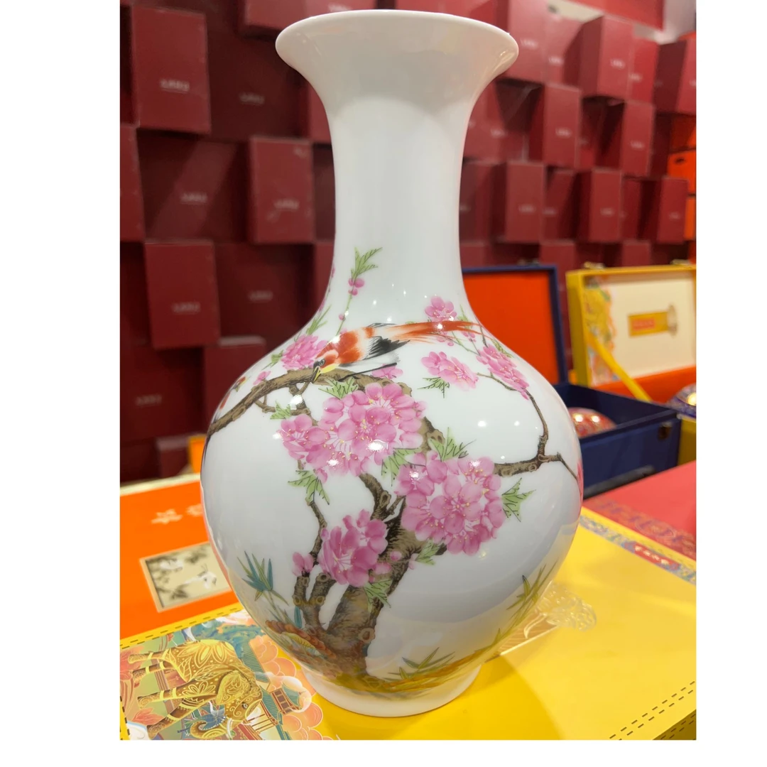 【张氏御瓷】水点桃花赏瓶+底座