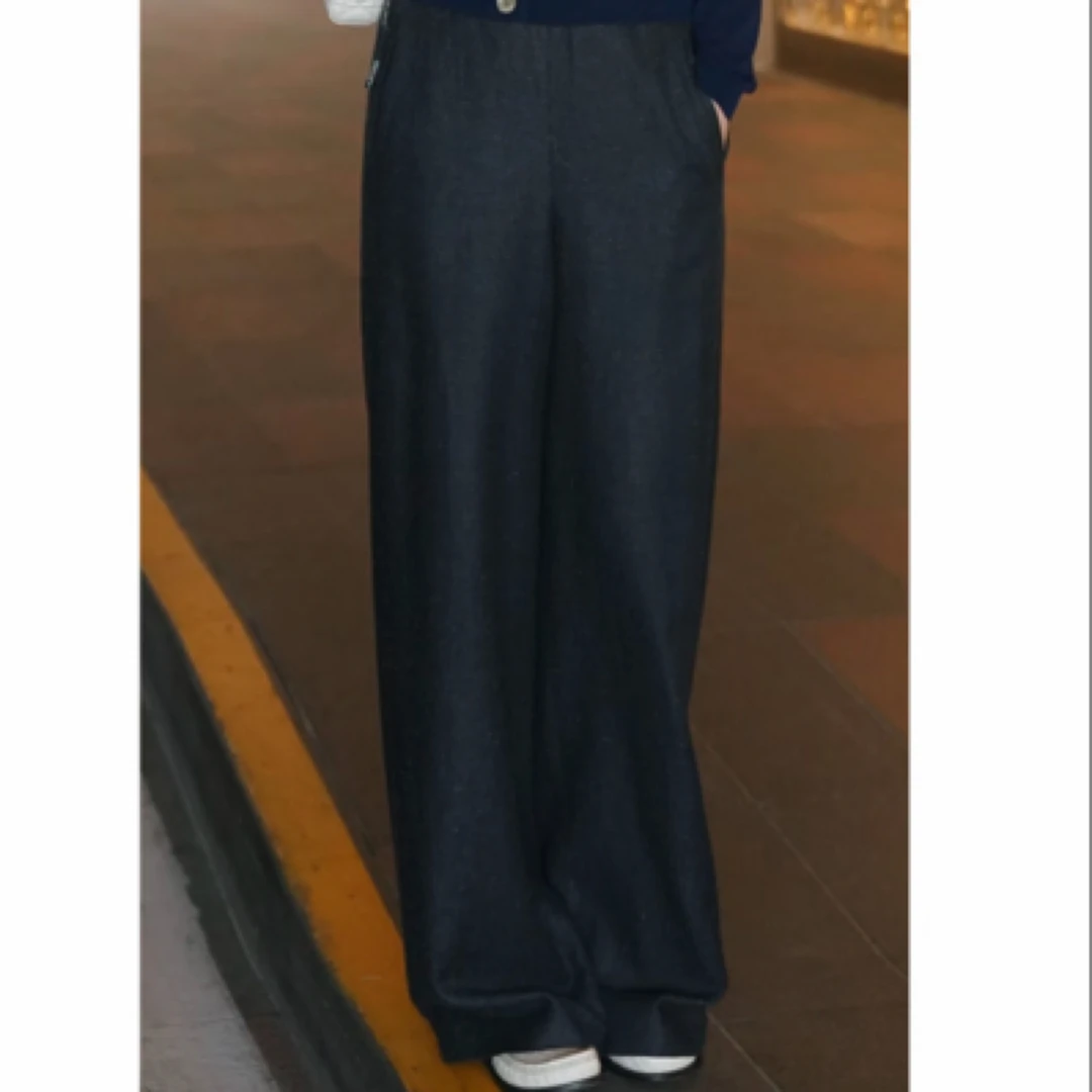 limil/丽米儿蚕丝蓝色花纱可调节松紧腰直筒长裤（有内衬） 9100081