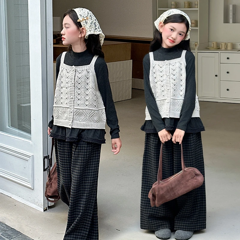 女童秋季新款毛衣吊带格子裤三件套6-12岁15中大童小女孩舒适套装