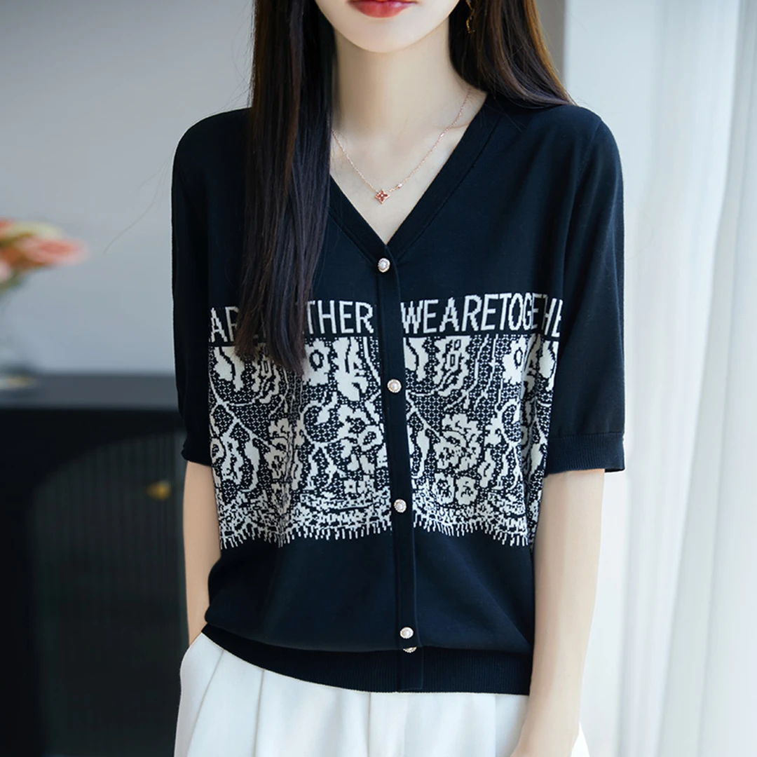 微胖mm夏装大码冰丝针织开衫女士薄款短袖t恤遮肚子巨显瘦v领上衣