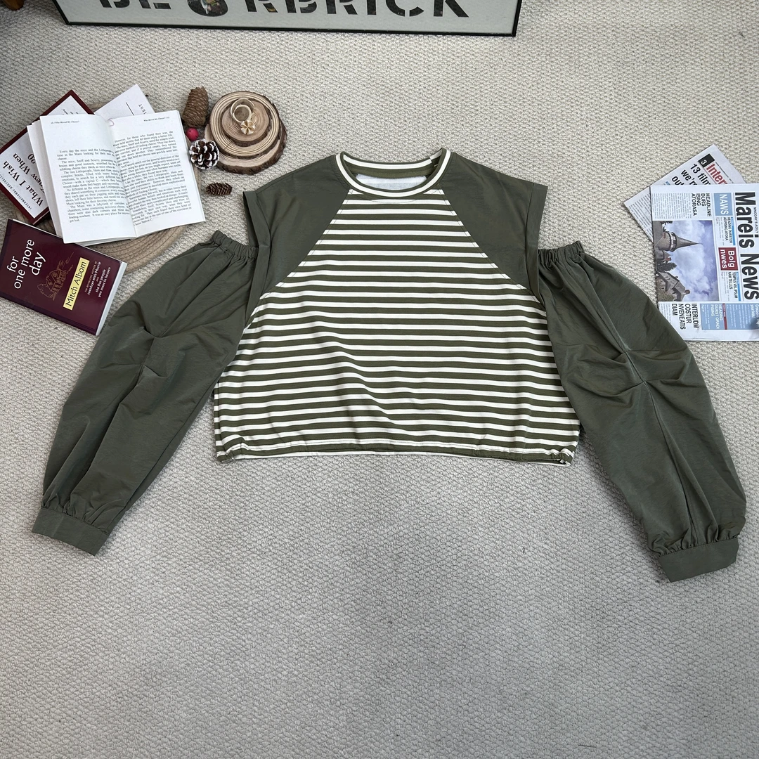 2025春季新款休闲时尚条纹拼色断袖卫衣9793