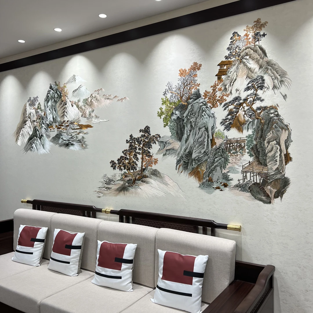 新中式高端溪山清远刺绣沙发背景墙电视墙定制