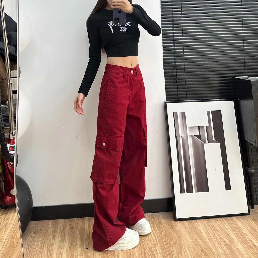 新新款153小个子高街潮款辣妹裤百搭秋春夏红色高腰工装裤女2329