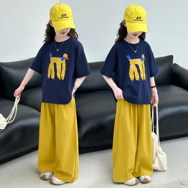 女童夏季时尚套装2025新款中大儿童6-12-15岁洋气短袖T恤阔腿裤潮