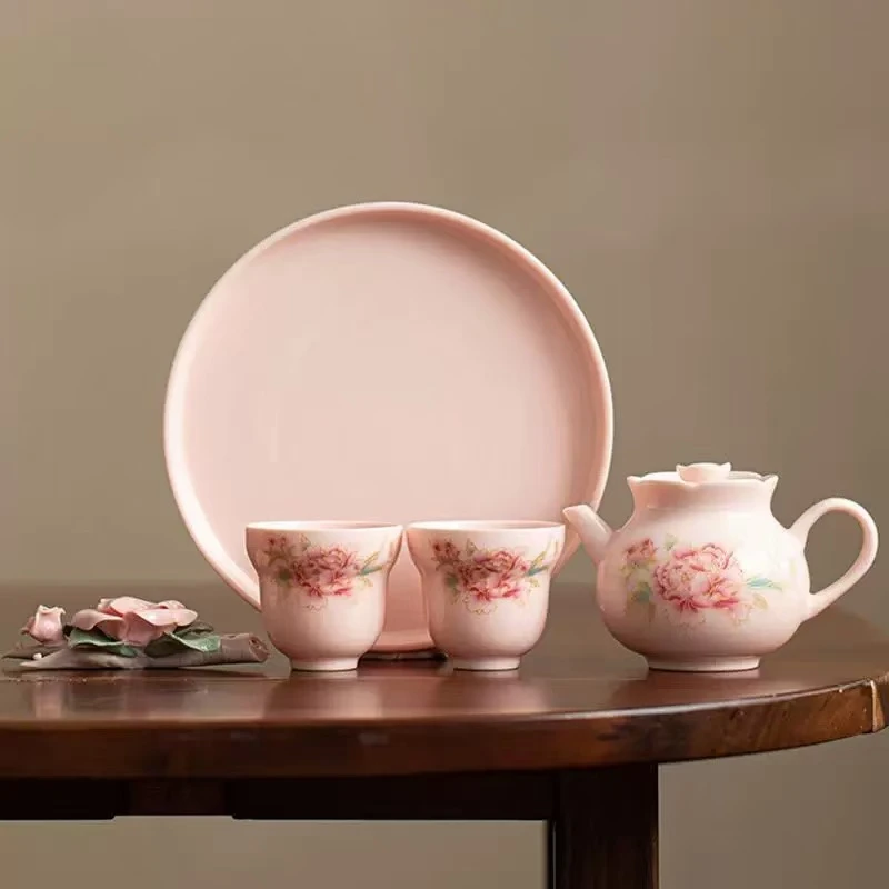 ZH1868-粉瓷牡丹一壶两杯加手捏花加茶盘