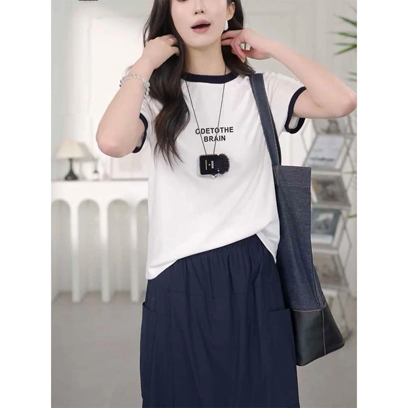 2025新款简约圆领正肩短袖t恤女时尚洋气拼色上衣显瘦打底衫夏季