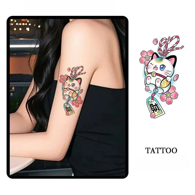 樱花招财猫ins彩色纹身贴可爱手臂高颜值持久防水女仿真酷潮辣妹