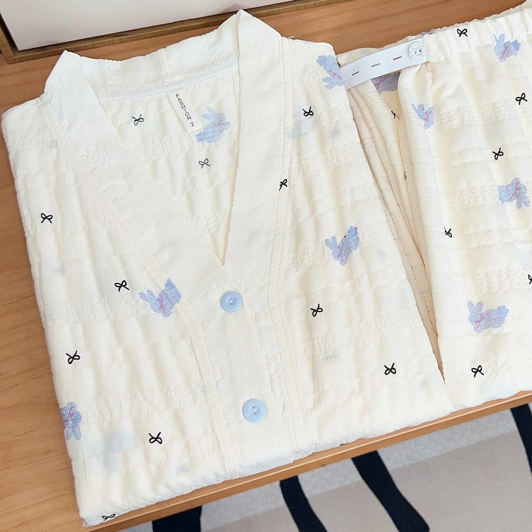 【轻薄皱皱棉纱-带胸垫】月子服夏季纯棉薄款产后喂奶哺乳孕妇睡衣