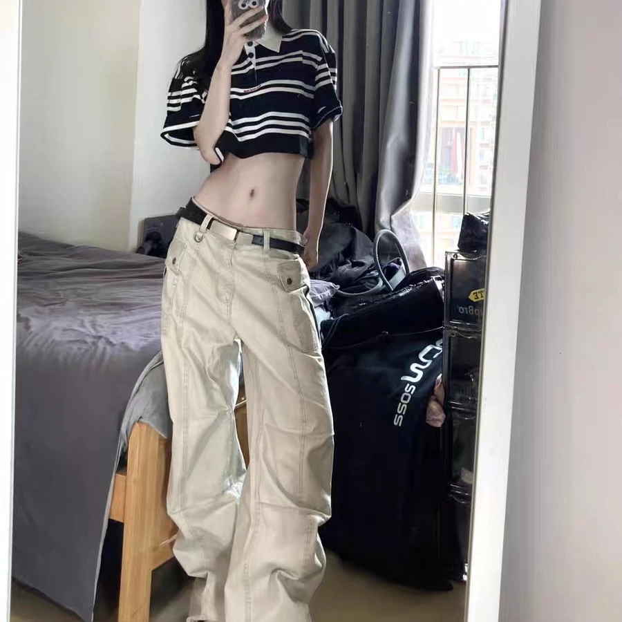 黑色条纹polo衫t恤女夏季新款刺绣正肩短袖美式辣妹短款时尚上衣