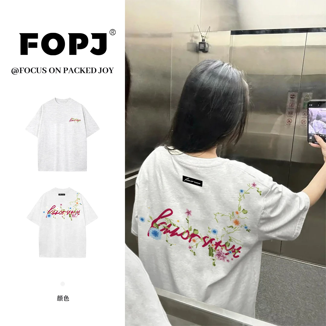 FOPJ美式潮流重磅纯棉短袖T恤女花卉印花休闲宽松百搭舒适ins上衣