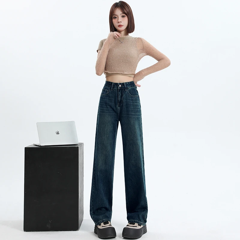 春夏新款美式复古宽松阔腿裤垂感拖地百搭直筒牛仔裤女&长裤加长