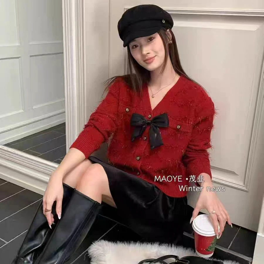 蝴蝶结V领针织开衫166