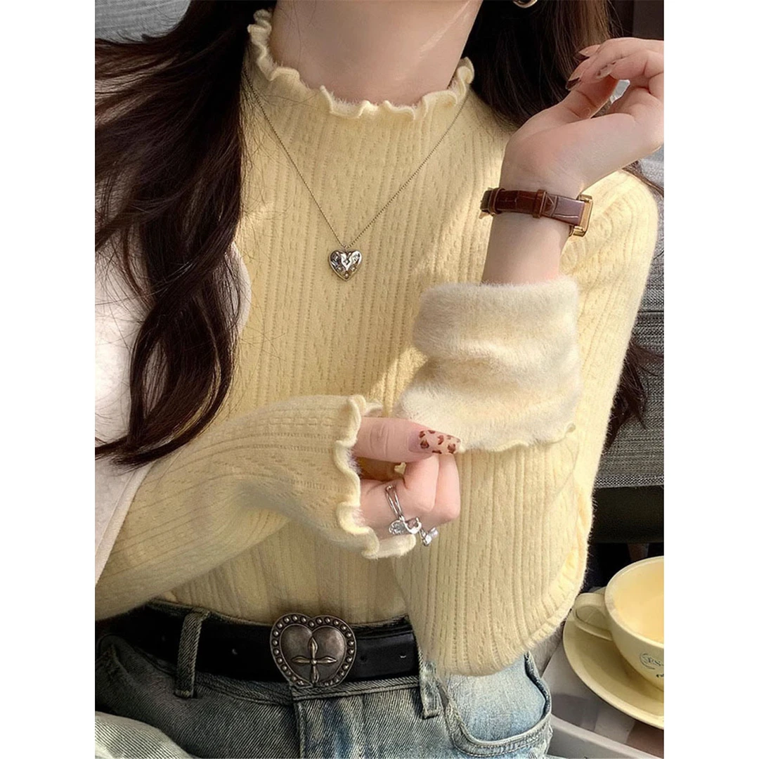 半高领一体加绒毛衣2025秋冬新款打底衫女内搭木耳边针织上衣显瘦
