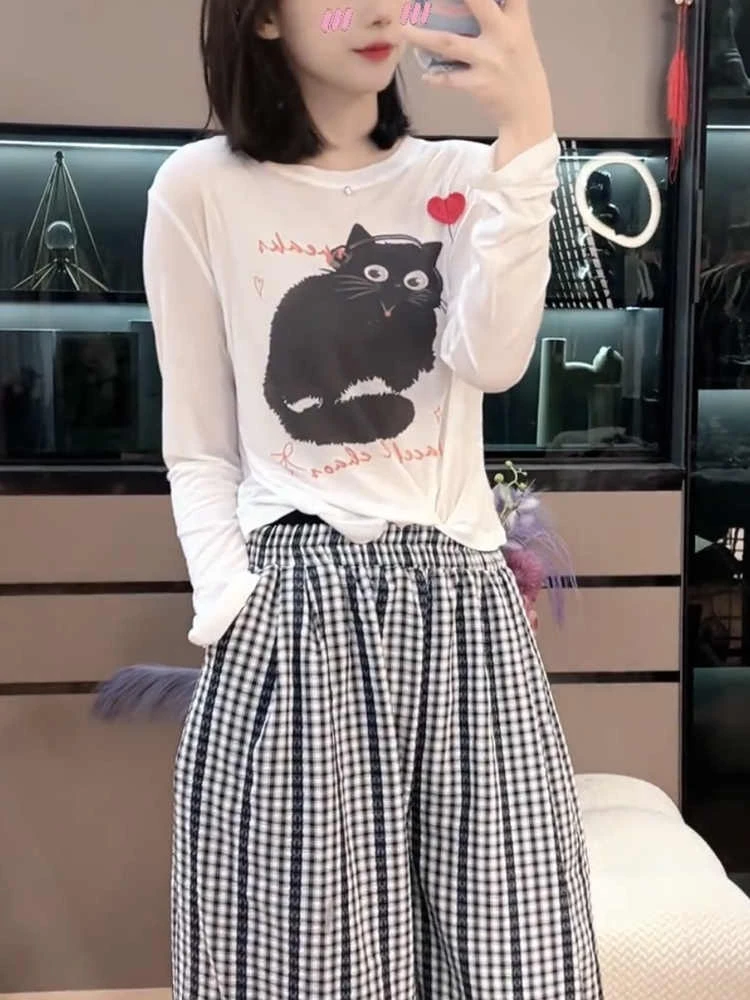 卡通心动小猫印花薄款长袖T恤女2025夏季新款时尚休闲百搭防晒衫
